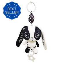 Load image into Gallery viewer, Billie the Bunny high contrast sensory hanging toy with Best Seller badge – black and white plush toy for baby vision development and pram play