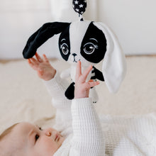 Load image into Gallery viewer, Close-up of Billie the Bunny baby high contrast hanging toy showing crinkle ears and clip for prams or play gyms
