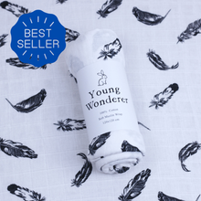 Load image into Gallery viewer, Young Wonderer soft muslin baby wrap with black feather print – 100% cotton swaddle, labelled Best Seller for newborn comfort and sensory appeal