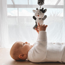 Load image into Gallery viewer, sensory toy, baby sensory, baby toy, Black and white hanging bear toy. high contrast baby toy, young wonderer, young wonderer baby boutique, black and white baby toy, high contrast baby toy, high contrast toy, black and white toy, hanging baby toy, black and white hanging toy, baby gym toy, baby gym hanging toy, high contrast, black and white, pram toy, pram hanging toy