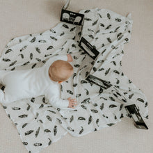 Load image into Gallery viewer, black and white muslin, black and white baby muslin wrap, baby muslin wrap, baby muslin australia, baby wrap australia, feather muslin, zebra muslin, panda muslin, snowflake muslin, winter muslin wrap, winter baby wrap, high contrast wrap, high contrast baby, high contrast muslin, Young wonderer, young wonderer baby boutique, sleeping baby, sleep baby wrap