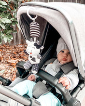 Load image into Gallery viewer, sensory toy, baby sensory, baby toy, Black and white hanging bear toy. high contrast baby toy, young wonderer, young wonderer baby boutique, black and white baby toy, high contrast baby toy, high contrast toy, black and white toy, hanging baby toy, black and white hanging toy, baby gym toy, baby gym hanging toy, high contrast, black and white, pram toy, pram hanging toy