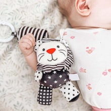 Load image into Gallery viewer, sensory toy, baby sensory, baby toy, Black and white hanging bear toy. high contrast baby toy, young wonderer, young wonderer baby boutique, black and white baby toy, high contrast baby toy, high contrast toy, black and white toy, hanging baby toy, black and white hanging toy, baby gym toy, baby gym hanging toy, high contrast, black and white, lion toy, black and white lion baby toy, lion newborn toy