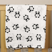 Load image into Gallery viewer, black and white muslin, black and white baby muslin wrap, baby muslin wrap, baby muslin australia, baby wrap australia, feather muslin, zebra muslin, panda muslin, snowflake muslin, winter muslin wrap, winter baby wrap, high contrast wrap, high contrast baby, high contrast muslin, Young wonderer, young wonderer baby boutique