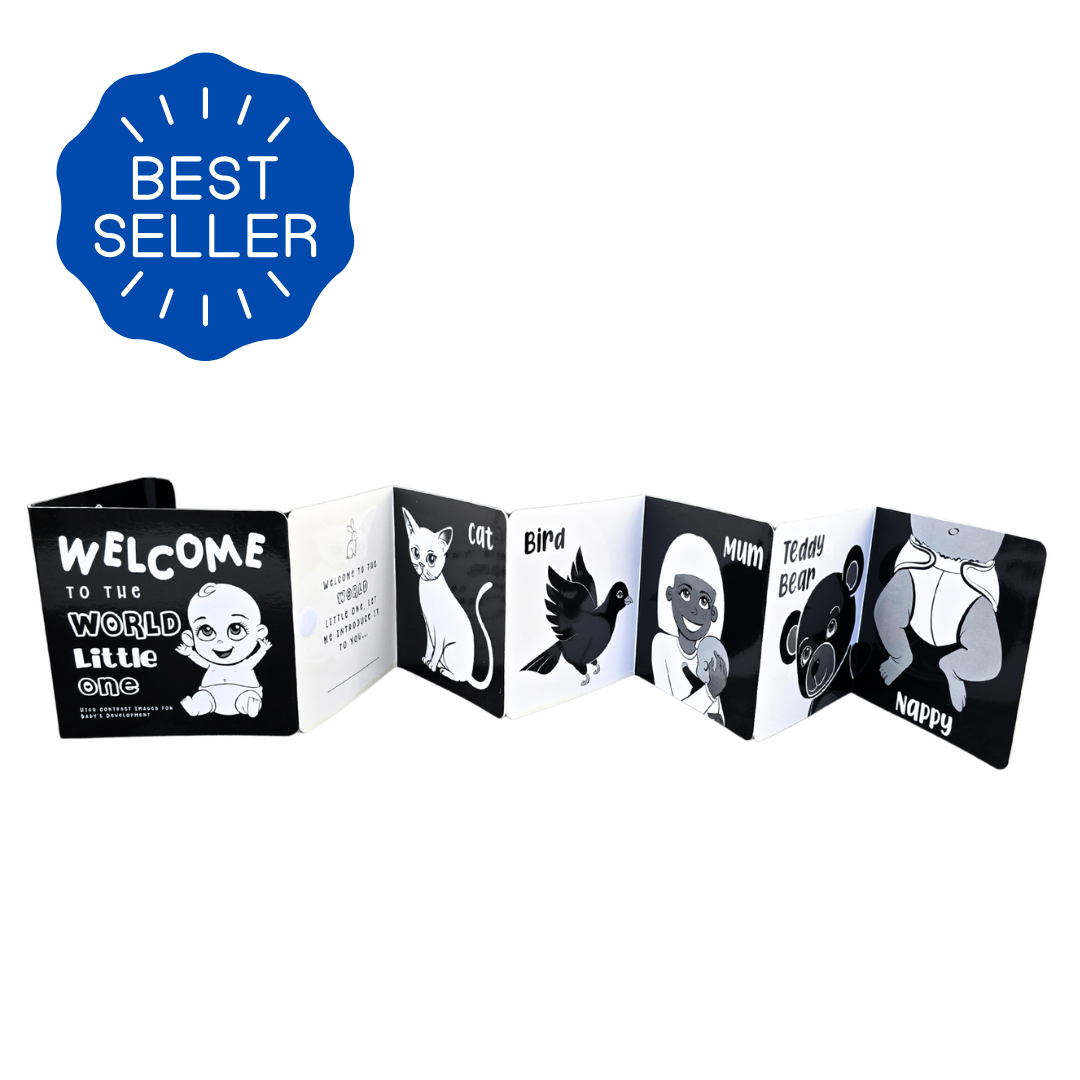Welcome to the world little one book High contrast black and white baby book with illustrations of cat, bird, mum, teddy bear and nappy – labelled Best Seller for newborn sensory and vision development