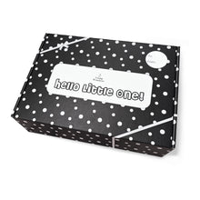 Load image into Gallery viewer, Young Wonderer High Contrast Baby Gift Box Black polka dot box with 'hello little one!' text on a white background
