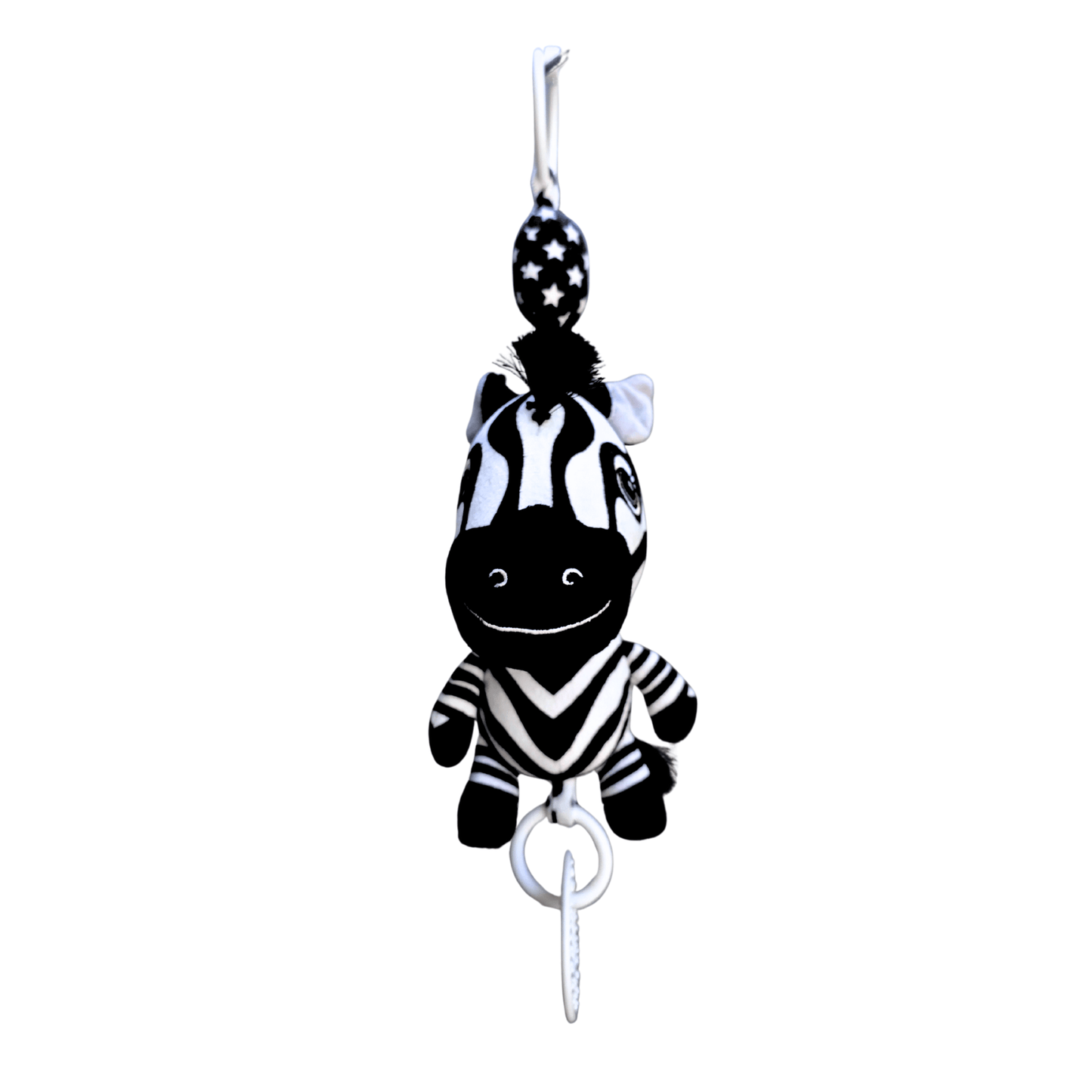 Ziggy the Zebra Hanging Baby toy Black-and-white zebra plush hanging baby toy with a teething ring, shown on a white background. Pram toy, hanging toy for baby gym, baby car toy
