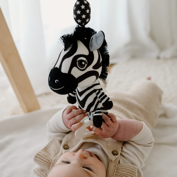 Baby lying on a soft play mat holding Ziggy the Zebra — a high-contrast black and white sensory toy with crinkly features and a teething ring, designed by Young Wonderer