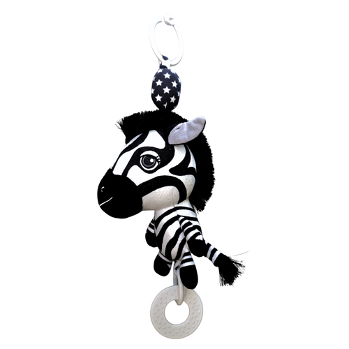 Ziggy the Zebra Hanging Baby toy Black-and-white zebra plush hanging baby toy with a teething ring, shown on a white background. Pram toy, hanging toy for baby gym, baby car toy